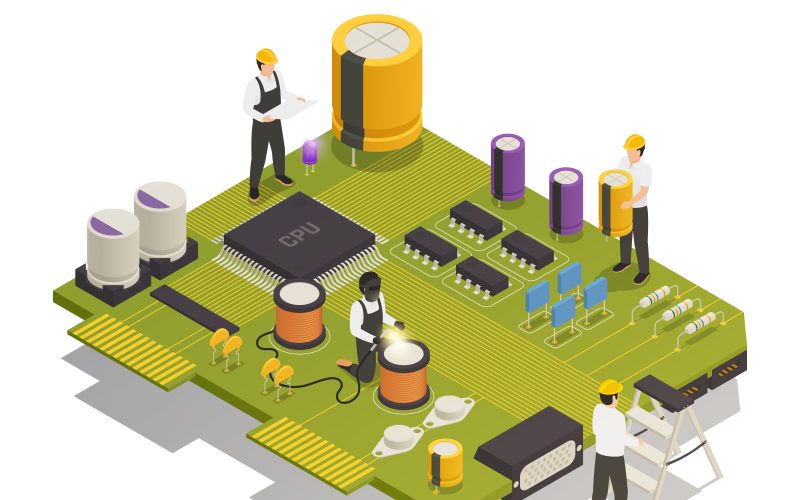 Semiconductor electronic components isometric composition with 4 men assembling resistors diodes on printed circuit board vector illustration